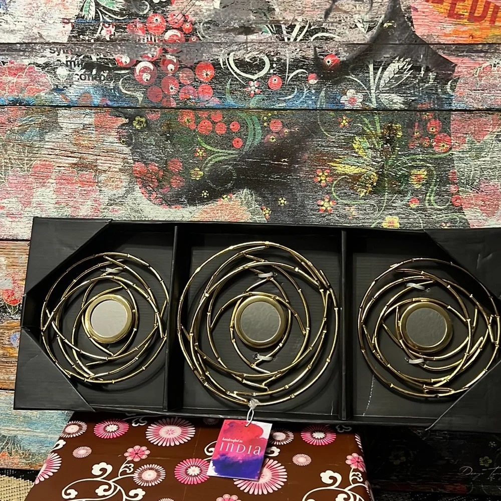 New Set 3 Handcrafted in India Gold-Tone Metal Mirrored “Bird Nests” Wall Decor